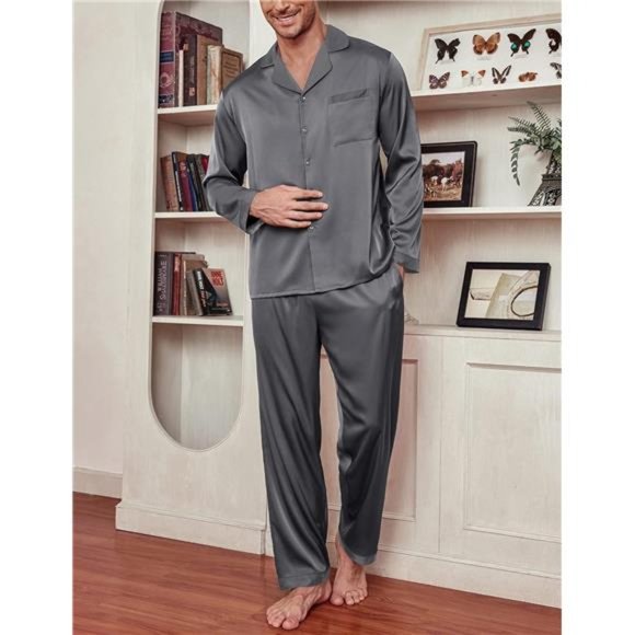 Men Satin Silk Pajamas Set with Pockets Long Sleeve-dark Grey - Picture 1 of 5
